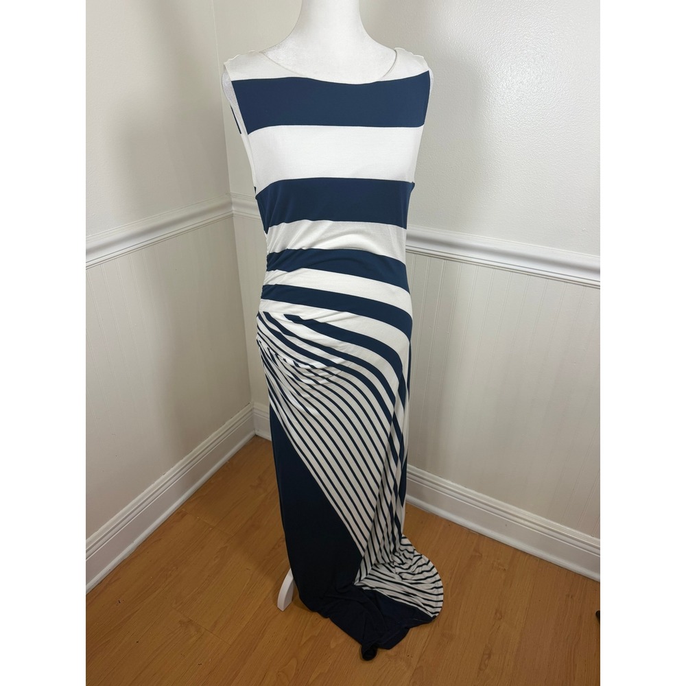 Soft Surroundings Maxi Dress Womens Small Navy‎ Blue White Striped Ruched 2BD99